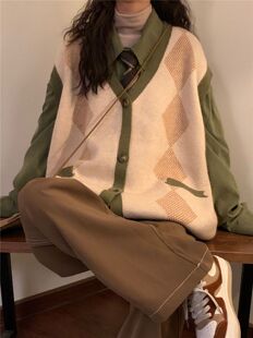 两件套装日系复古慵懒风叠穿针织衫毛衣背心马甲女学生+绿色衬衫