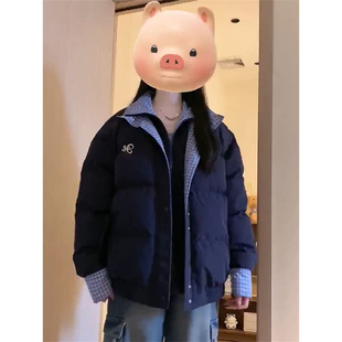 美式温柔风假两件格纹拼接棉服女学生宽松显瘦加厚保暖面包服外套