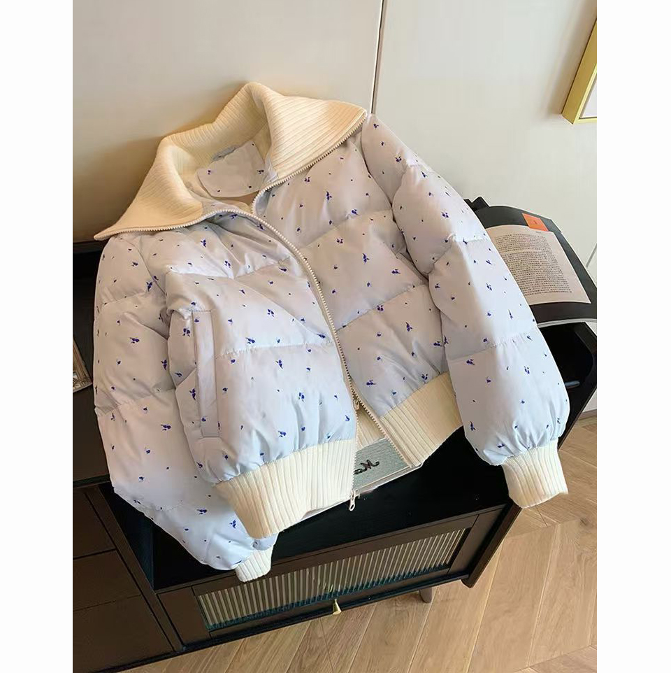 蓝色翻领碎花棉服外套