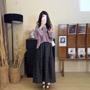 秋季温柔慵懒甜美风紫色针织套头毛衣衫+高腰碎花半身裙两件套装