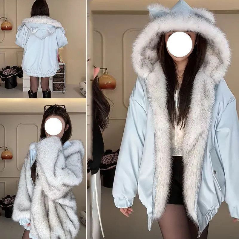 双面穿连帽设计棉服外套