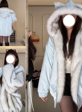 秋冬季温柔甜美风双面穿连帽设计棉服氛围感百搭保暖加厚棉衣外套