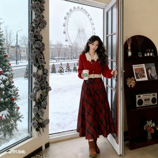 秋冬温柔小个子甜美感假两件红色毛衣开衫 搭配格纹半身裙两件套装