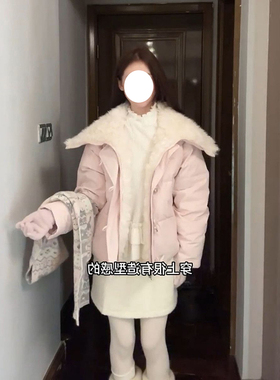 新款时尚温柔风牛角扣翻领羊羔毛拼接棉服外套冬季百搭保暖面包服