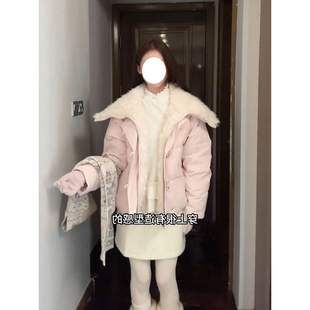 新款时尚温柔风牛角扣翻领羊羔毛拼接棉服外套冬季百搭保暖面包服