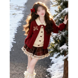 冬日温柔圣诞氛围娃娃领蝴蝶结毛衣开衫 红色格纹百褶短裙两件套