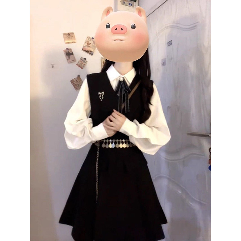 法式温柔时尚纯色POLO领长袖衬衫叠穿黑色收腰背心连衣裙两件套装,女装/女士精品,时尚套装,淘宝优惠券,粉丝福利购,淘宝优惠卷