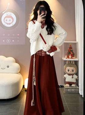 法式气质富家千金风红色格纹衬衫+米白长袖毛衣+高腰半身裙三件套