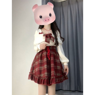 法式 女学生氛围感a字短裙 可爱甜妹风新年红色格纹蝴蝶结收腰修身