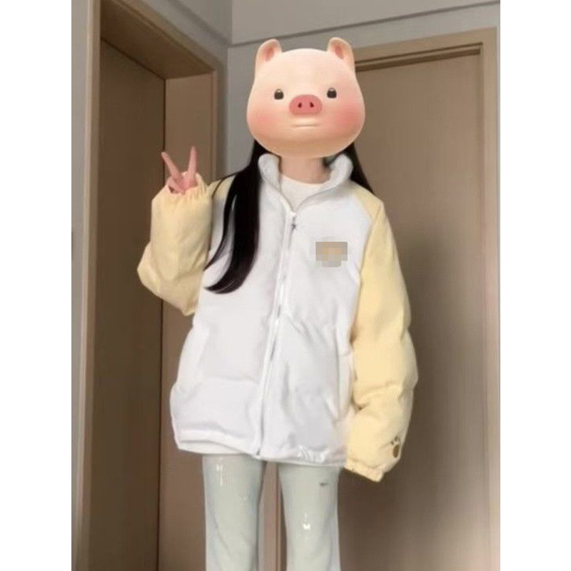 撞色小熊立领拉链棉服外套