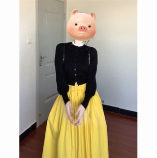 法式温柔风气质假两件黑色针织毛衣开衫搭配黄色半身长裙两件套装