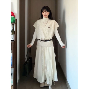 高腰半身裙三件套装 打底上衣 温柔优雅穿搭高领针织马甲毛衣 法式