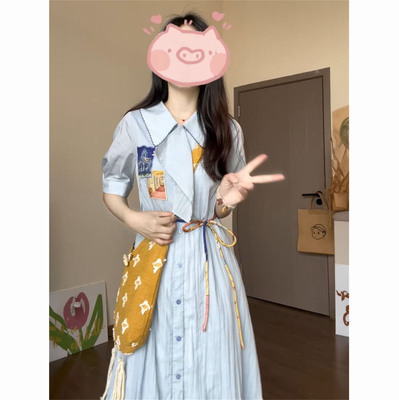 油墨画Polo领高腰蓝色连衣裙