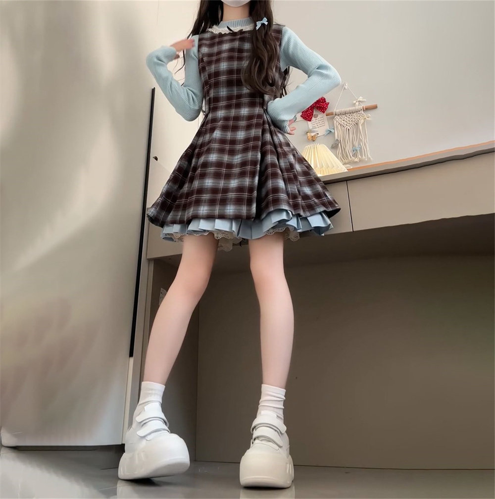 两件套女秋季新款甜美风小个子格纹收腰背带连衣裙+蓝色针织上衣,女装/女士精品,时尚套装,淘宝优惠券,粉丝福利购,淘宝优惠卷