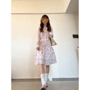 两件套装 粉色针织开衫 温柔甜美气质风蝴蝶结碎花短裙半身裙 法式