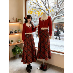 秋冬温柔甜美风小个子假两件针织毛衣开衫+格纹半身长裙两件套装
