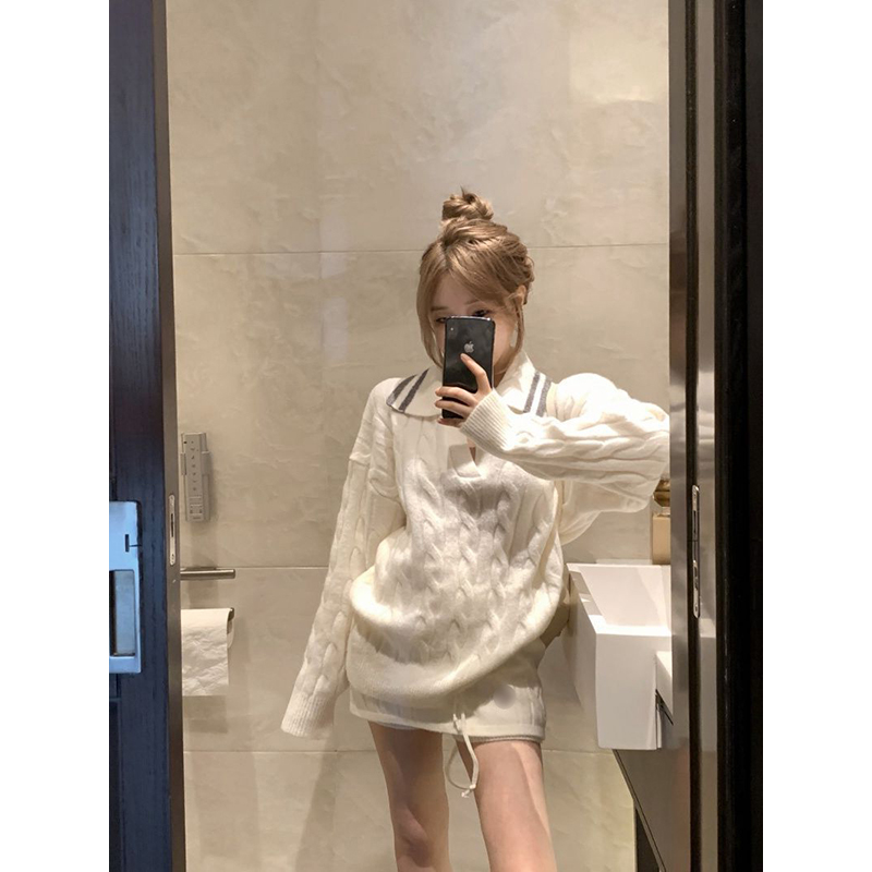 法式时尚气质温柔风麻花纹翻领套头毛衣搭配针织包臀短裙两件套装