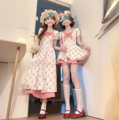 蝴蝶结碎花闺蜜裙格纹拼接飞飞袖