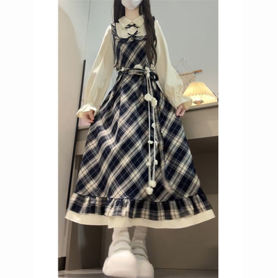 假两件拼接格纹收腰连衣裙
