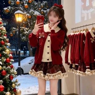 冬日新年圣诞假两件设计感蝴蝶结毛衣开衫 搭配红色格纹裙两件套装