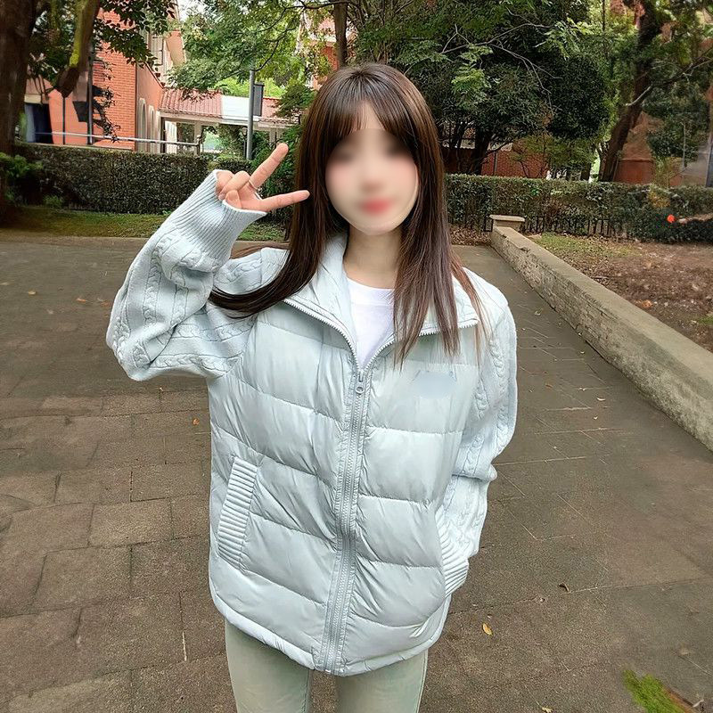 日系慵懒学院风麻花拼接针织袖子棉服外套女学生冬季百搭保暖棉衣