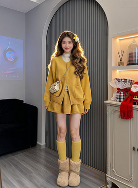 法式温柔复古慵懒ins风黄色半身裙+口袋拉链针织毛衣开衫两件套装