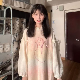 甜美可爱少女穿搭一整套女粉色小猫无袖 针织连衣裙子圆领长袖 衬衫