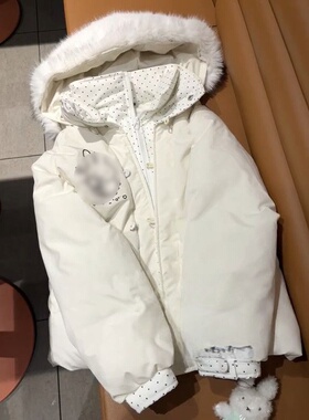 法式温柔甜美米白色兔子印花毛领连帽棉服假两件波点百搭保暖棉袄