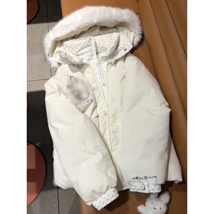 法式 温柔甜美米白色兔子印花毛领连帽棉服假两件波点百搭保暖棉袄