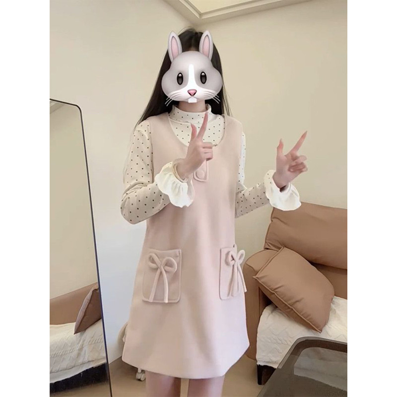 法式温柔可爱风波点长袖打底衫+粉色蝴蝶结背心裙女学生两件套装,女装/女士精品,时尚套装,淘宝优惠券,粉丝福利购,淘宝优惠卷