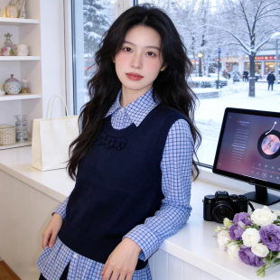 两件套装 2026开春出勤气质女装 衬衫 格子长袖 藏青色针织马甲背心