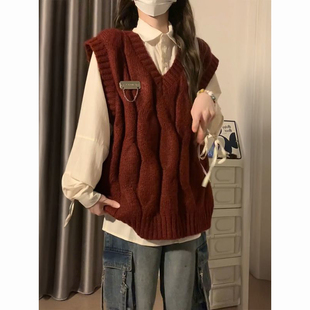 女两件套装 衬衫 长袖 秋冬复古慵懒风v领麻花宽松针织背心马甲毛衣