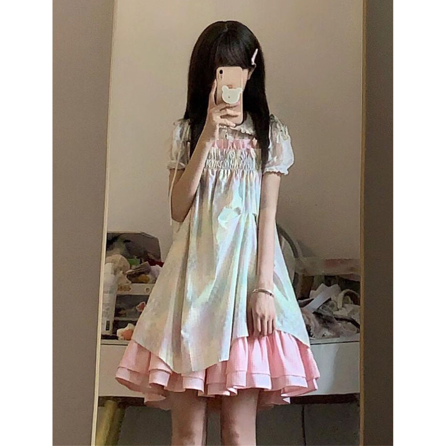 娃娃领衬衫+不规则连衣裙