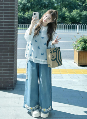 早春温柔甜妹穿搭蓝色蝴蝶针织马甲背心+花边领长袖衬衫两件套装