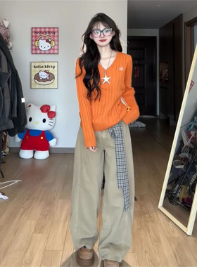 秋冬新款温柔减龄甜美风V领橙色修身绞花针织衫出片短款长袖毛衣