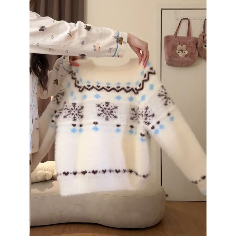 新年圣诞费尔岛慵懒软糯套头圆领针织毛衣+雪花包臀短裙两件套装