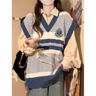 早秋慵懒感V领条纹拼色宽松马甲背心毛衣搭配长袖 两件套穿搭 衬衫