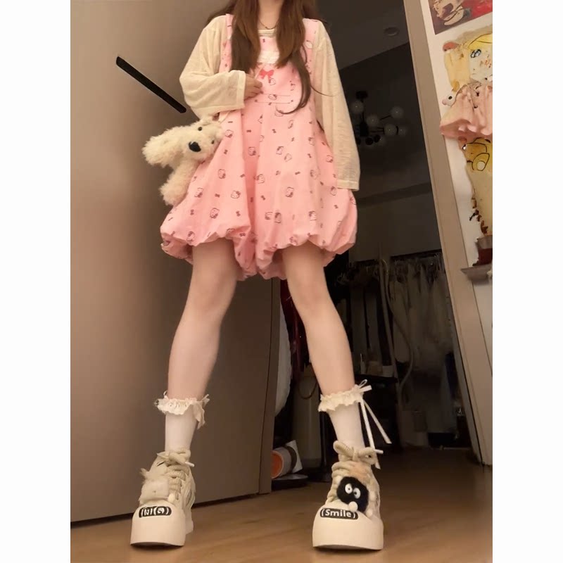 夏季日系甜美温柔学院风蝴蝶结印花背带裤搭配卡通长袖上衣两件套