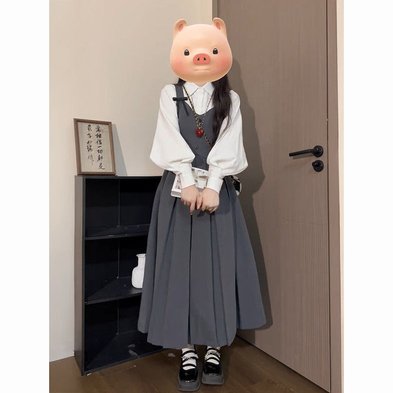 秋季新款温柔氛围感假两件连衣裙搭配白色长袖衬衫送领结两件套装