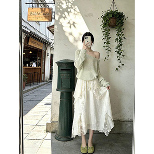气质感穿搭慵懒风浅绿针织上衣搭配蕾丝半身长裙两件套装 新款 时尚