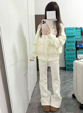 2025新款温柔风腊肠狗印花针织拼接立领棉服小个子减龄保暖面包服