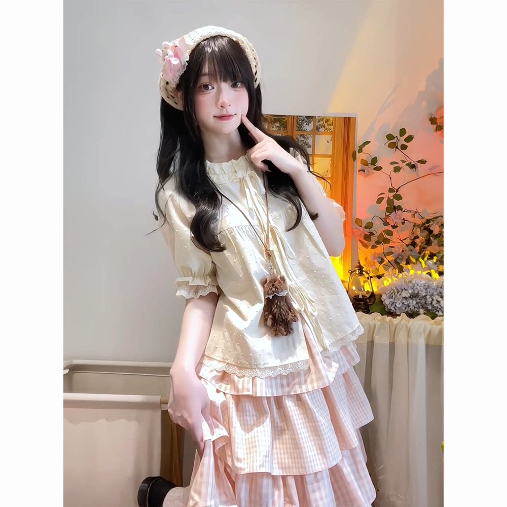 2025新款一整套可爱甜妹蝴蝶结绑带衬衫搭配粉色蛋糕半身裙子穿搭