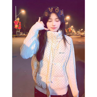 日系通勤气质风杏色波点拼接针织棉服立领休闲百搭保暖加厚面包服