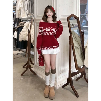 费尔岛提花一字肩红色毛衣