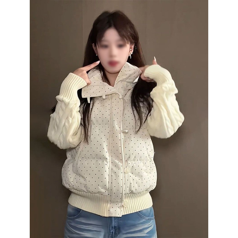韩系软妹可爱麻花波点针织拼接棉衣外套女学生保暖百搭设计感棉服