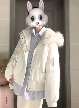 法式温柔甜美风月光白撞色连帽毛毛领设计棉服冬日氛围感保暖棉衣