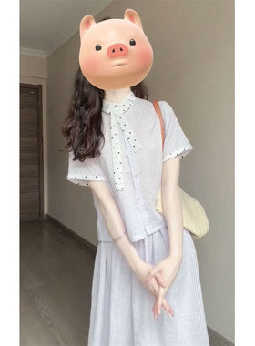 夏季法式气质小香风紫色波点拼接系带衬衫+高腰半身裙两件套穿搭