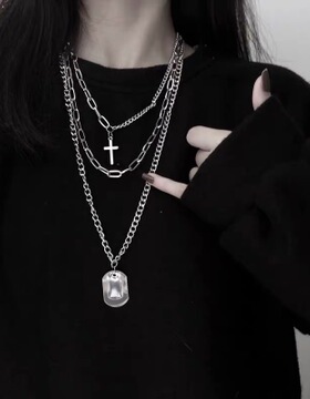 日韩蹦迪多层项链女ins双层毛衣链挂件饰品 潮牌十字架吊坠男配饰