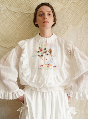 88折【Unlogical Poem】复古文艺重工美人像刺绣蕾丝苎麻上衣衬衫