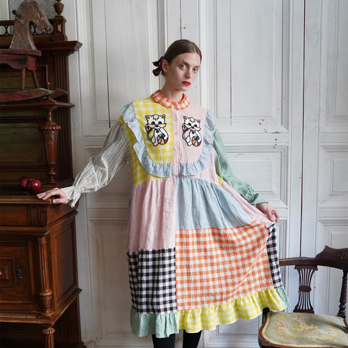 85折【Unlogical Poem】小众设计复古元气猫咪刺绣撞色连衣裙